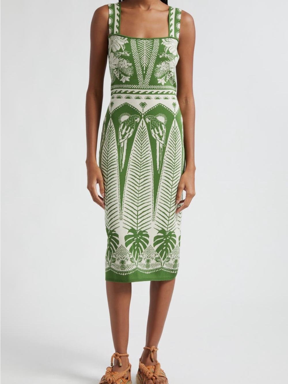 FARM Rio Macaw Jacquard Sweater Knit Midi Dress - Green Floral & Palm Pattern - Picture 6 of 7